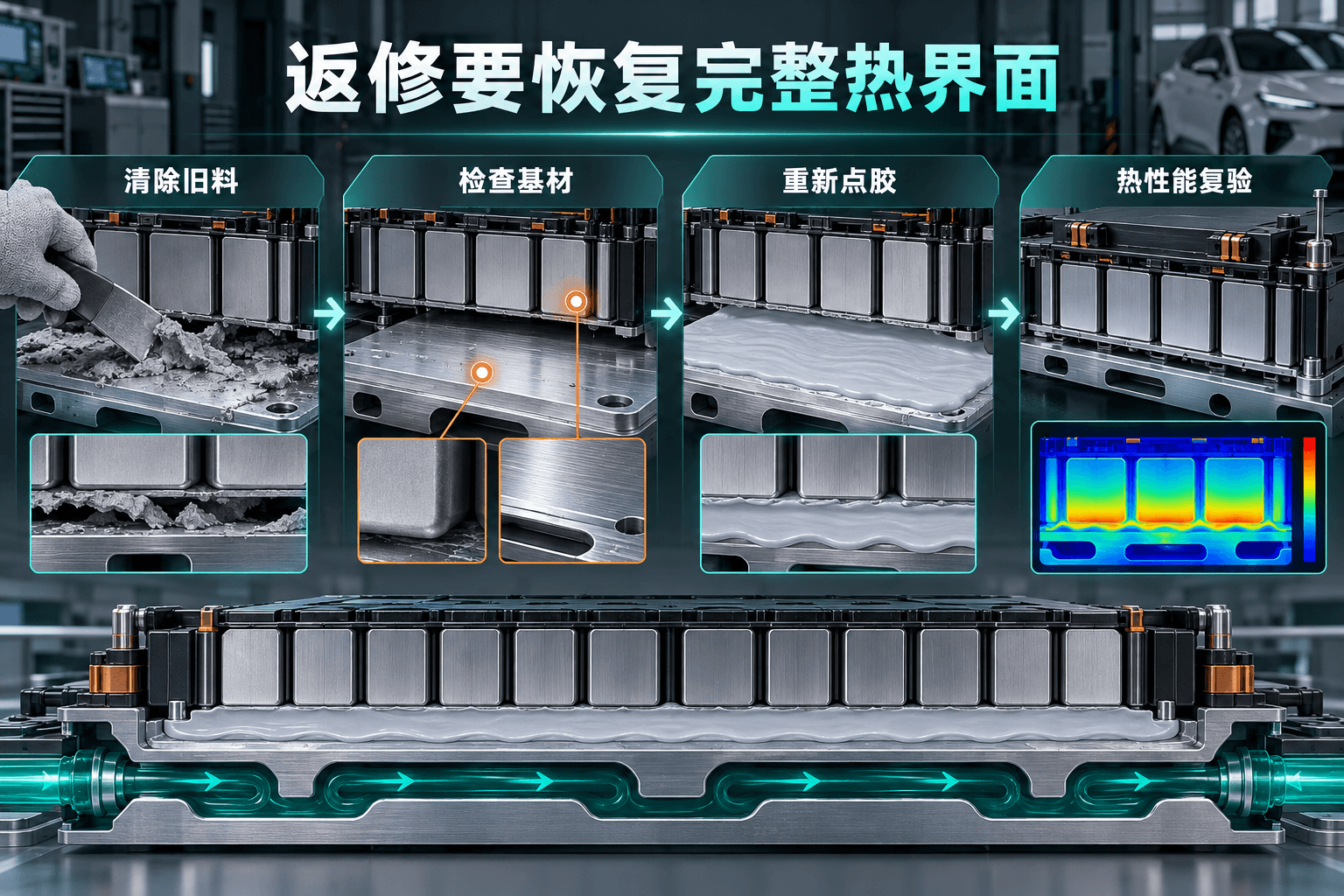 电池模组清除旧导热凝胶后重新点胶并与水冷板复装的流程