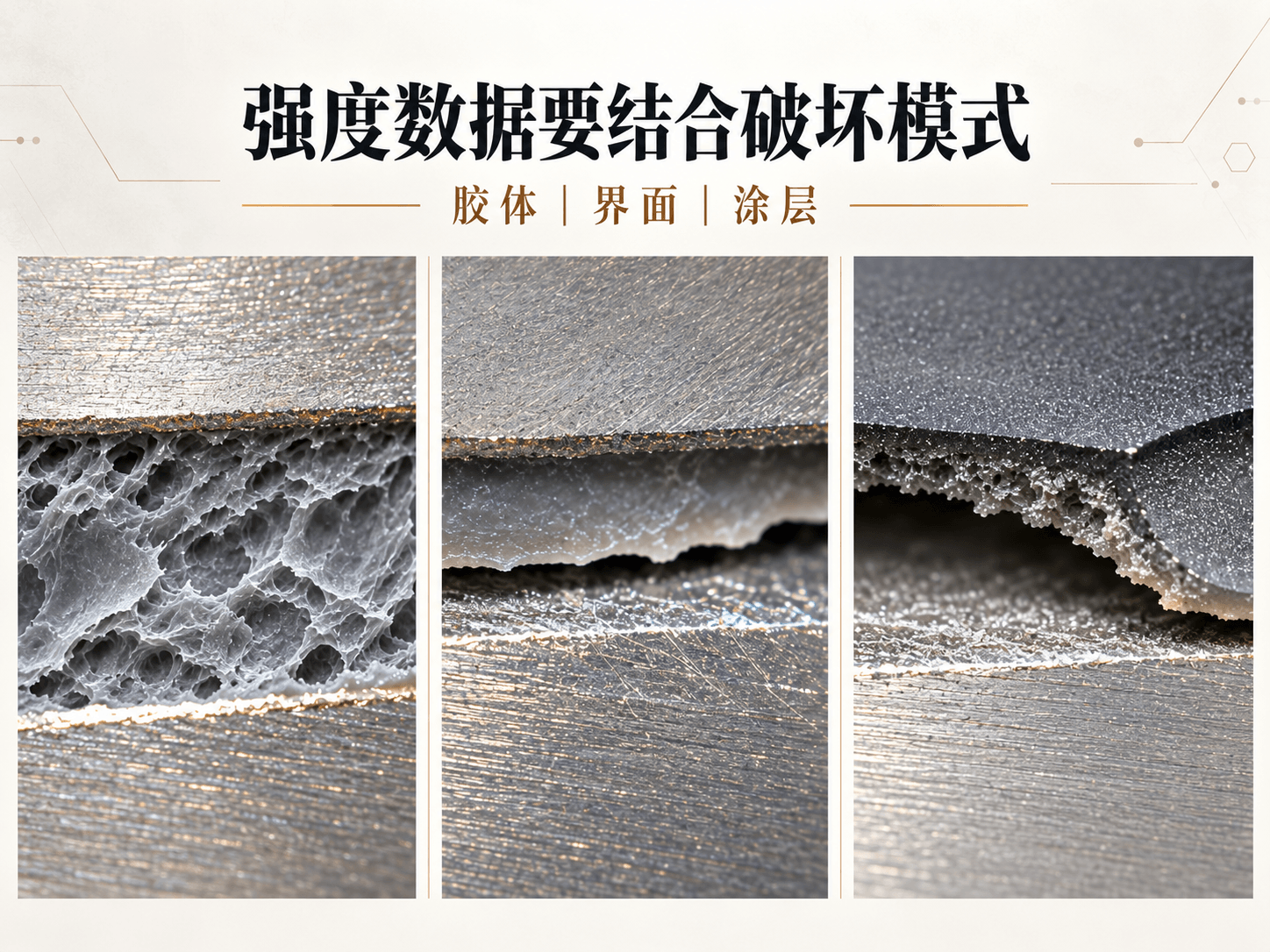 铝合金胶接试片胶体界面与涂层三种破坏模式对比